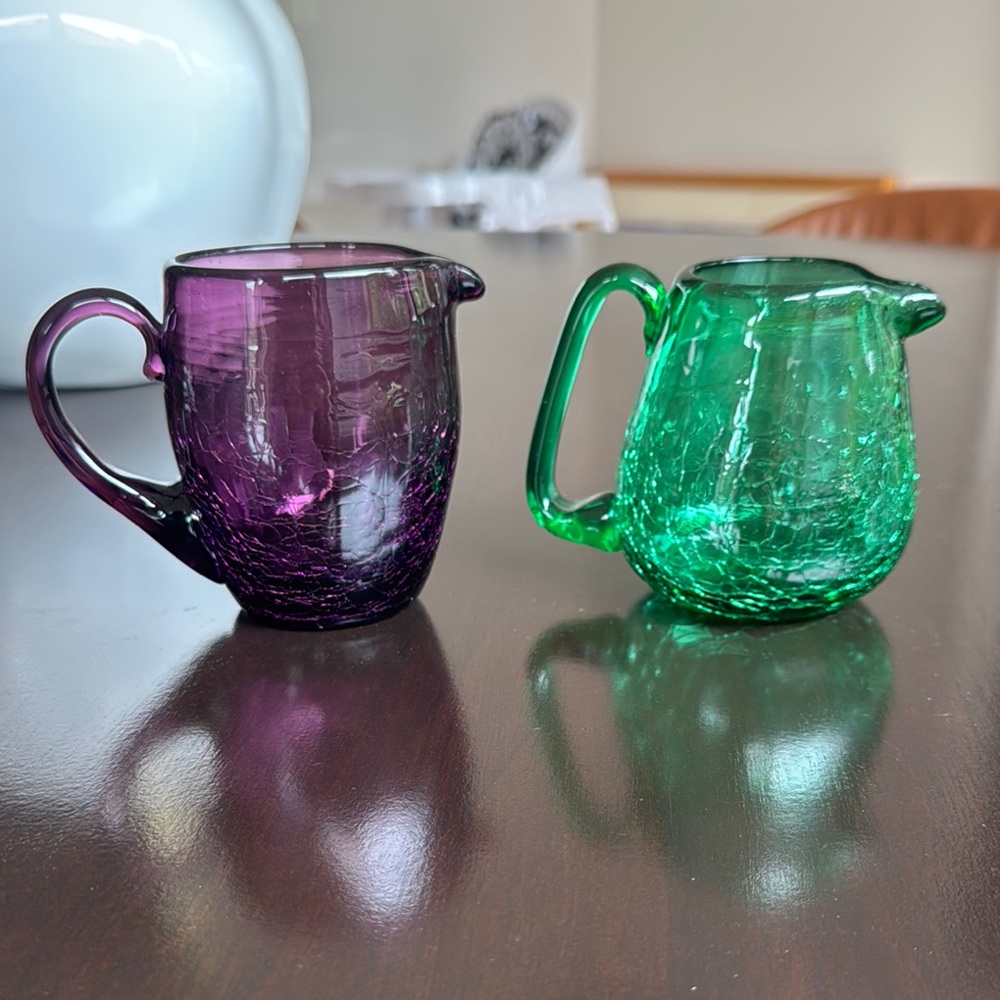 Crackle Glass Creamer/ Small Pitcher Set - Purple and Green